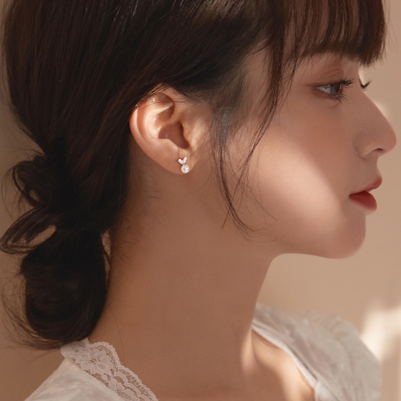 Magic789 Chic S925 Perak Bersinar Kristal Hati Mutiara Stud Anting-Anting Untuk Wanita Perempuan Elegan Berkilau Zirkon Peach Jantung Anting-Anting Bergaya Telinga Perhiasan