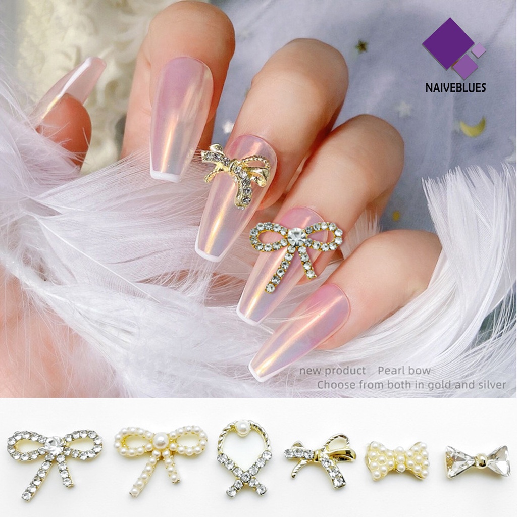 [naiveblues] 10pcs Nail Art Jewelries 3D Bentuk Busur Berlian Imitasi Mutiara Dekorasi Kuku Untuk