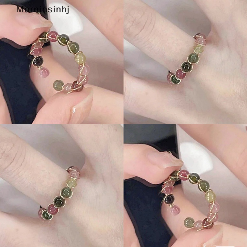 Mornin 1pc Rain Tourmaline Cincin Fashion Retro Handmade Kawat Logam Berliku Manik-Manik Cincin Terbuka Perhiasan Perempuan id