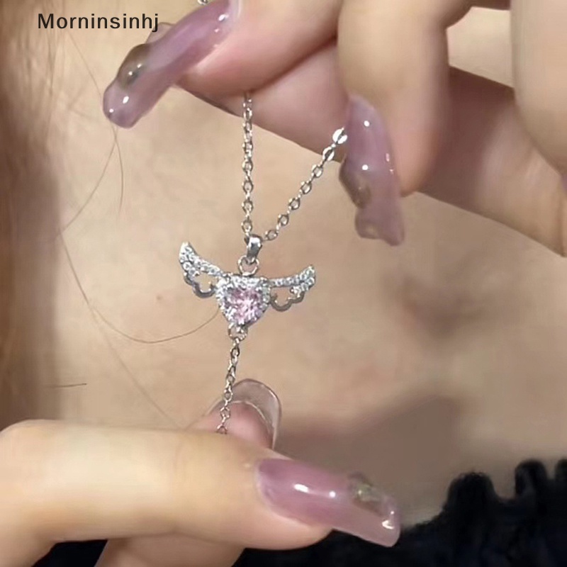 Mornin Kalung Liontin Hati Sayap Malaikat Kristal Pink Untuk Wanita Perhiasan Minimalis Rantai Leher Cewek id