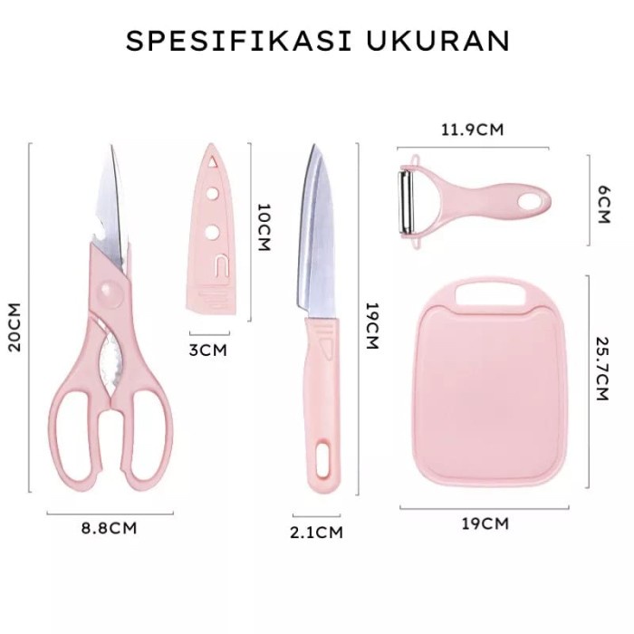 Pisau Set Talenan 4 in 1 Gunting Peeler Talenan Pisau Set Dapur Lengkap Potong Buah Sayur Daging Stainless Steel Plastic