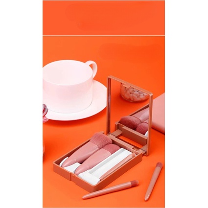 JY Makeup Brush Set 5in1 Set Mini Portable dengan Cermin Kotak Penyimpanan Kuas travel Cermin Portable Brush untuk eyeshadow blushon cotouring