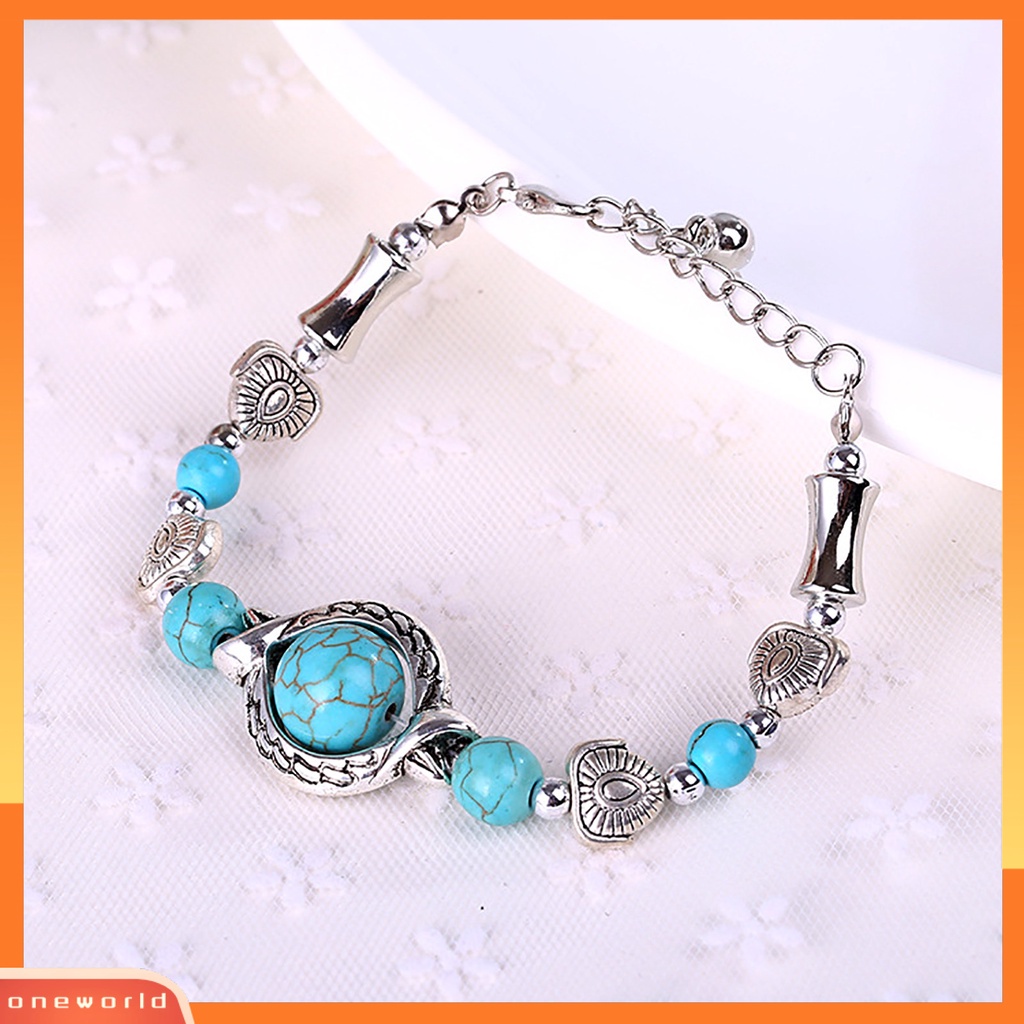 [EONE] Kupu-kupu Dekorasi Adjustable Unisex Gelang Alloy Handmade Turquoises Beads Retro Gelang Perhiasan Aksesoris