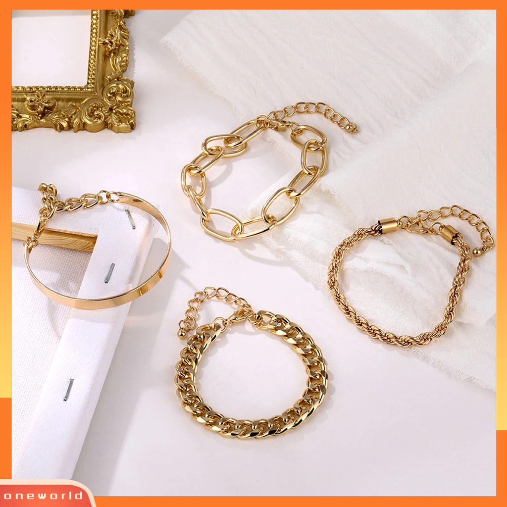 [EONE] 4pcs Wanita Gelang Electroplating Hias Kepribadian Multi-style Vintage Dekorasi Tahan Luntur Vintage Berlebihan Rantai Besar Gelang Perhiasan Aksesori