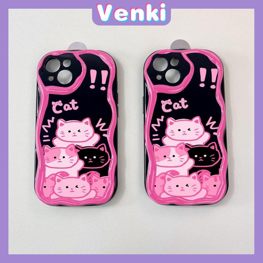 VENKI - For iPhone 11 iPhone Case 3D Curved Edge Wave Glossy Black TPU Airbag Shockproof Camera Cover Pink Cat Compatible with iPhone 14 13 Pro max 12 Pro Max xr xs max 7 8Plus