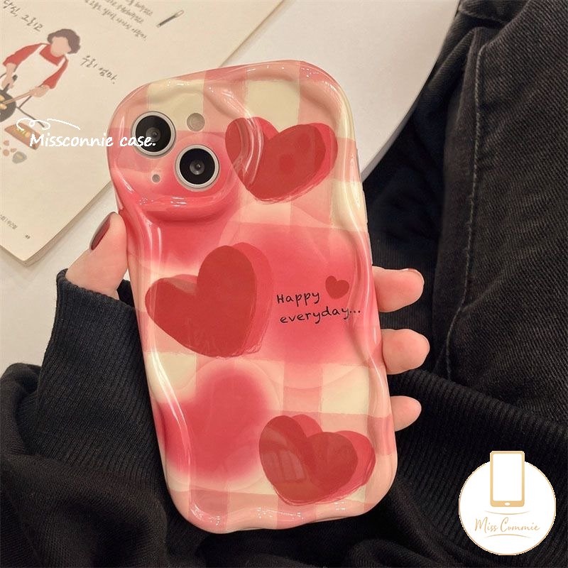 IPHONE Ins Pink Gradiasi Cinta Hati Tpu Soft Phone Case Kompatibel Untuk Iphone11Xr 78 6s 6plus 13 11 12 14 Pro Max X XS Max SE 2020 3D Wavy Curved Edge Glossy Shockproof Soft Cover