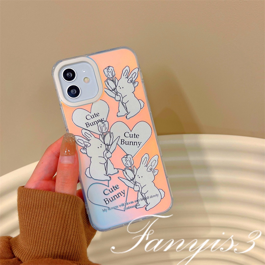 Compatible For IPhone 14 13 12 11 Pro Max X XR Xs Max 8 7 Plus SE 2020 Kompatibel Untuk Cute Sweet Little Rabbit Bunny IMD Laser Gradient Phone Case TPU Lembut Shockproof Cover Pelindung