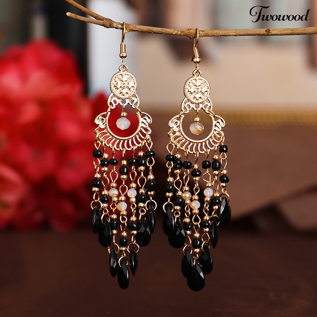 Twowood 1pasang Drop Earrings High-end Berongga Keluar Manik-Manik Gaya Bohemia Rumbai Wanita Anting Kait Perhiasan Pacaran