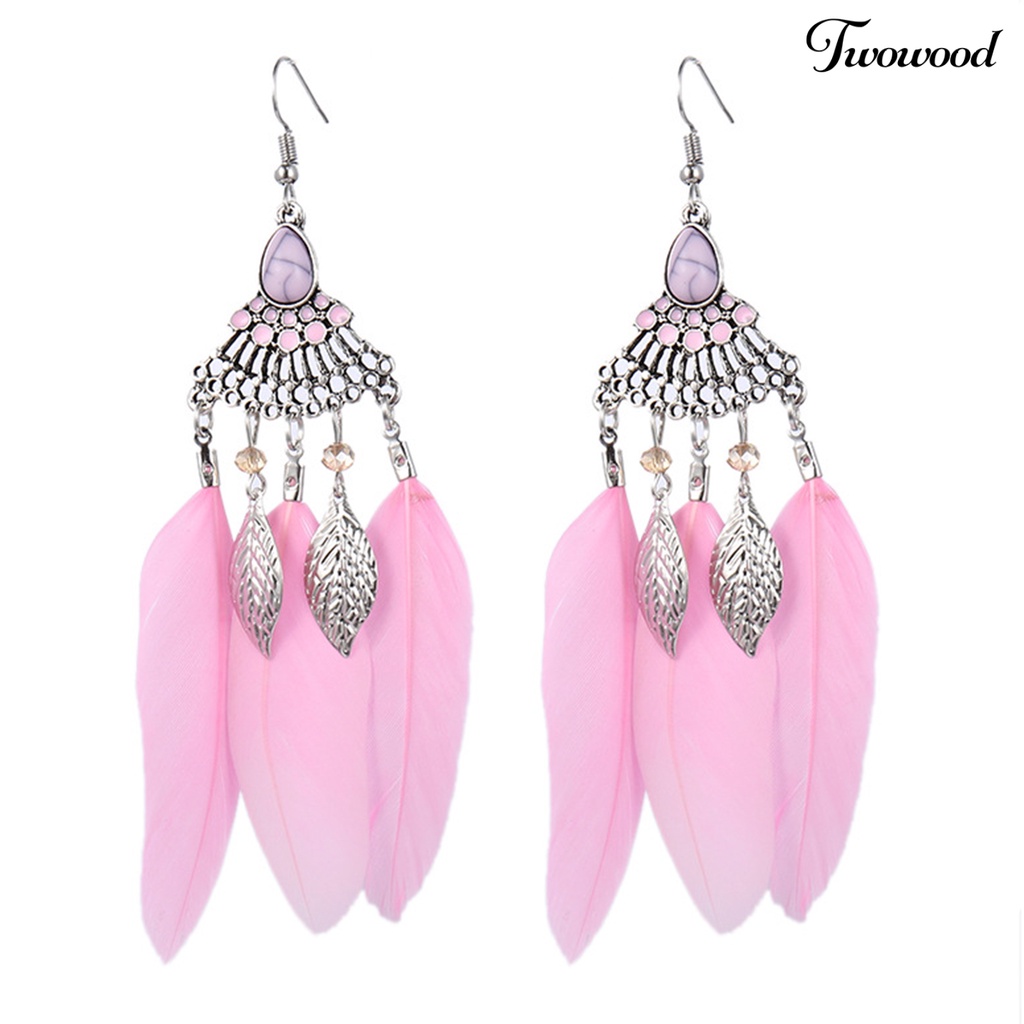 Twowood 1pasang Lady Earrings Bulu Sintetis Bohemia Kreatif Jumbai Menjuntai Anting Prom Jewelry