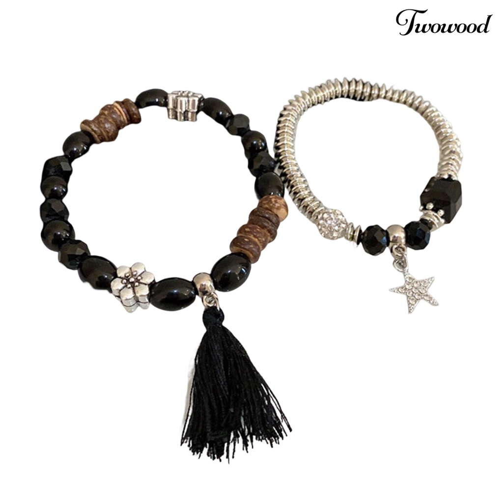 Twowood 2Pcs/Set Couple Gelang Gaya Etnik Manik-Manik Elastis Berlian Imitasi Bintang Liontin Hadiah Elegan Adjustable Kristal Imitasi Jumbai Pria Gelang Fashion Perhiasan