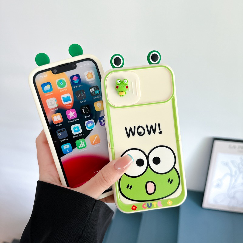 Push Window &amp; Holder Lovely Frog Doll Soft Silicon Case HP iP iPhone 14 + Plus 12 13 Pro Max 11 Matte FTD Casing Apple