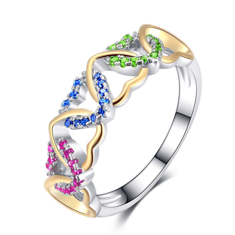 Goldkingdom Aksesoris Perhiasan Fashion Ready Stock Pemisahan Warna Emas Berbentuk Hati Cincin Dengan Cincin Warna.