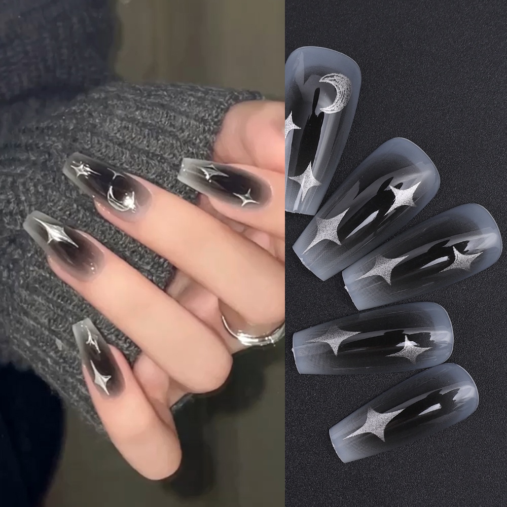 [Harga Grosir] 24pcs/Box Kuku Palsu Gradasi Bulan Bintang/Tempelan Kuku Dapat Dilepas Gaya Sedang Panjang/Ins Style Blush Decoration Nail Art/Stiker Kuku/Alat Makeup Kuku