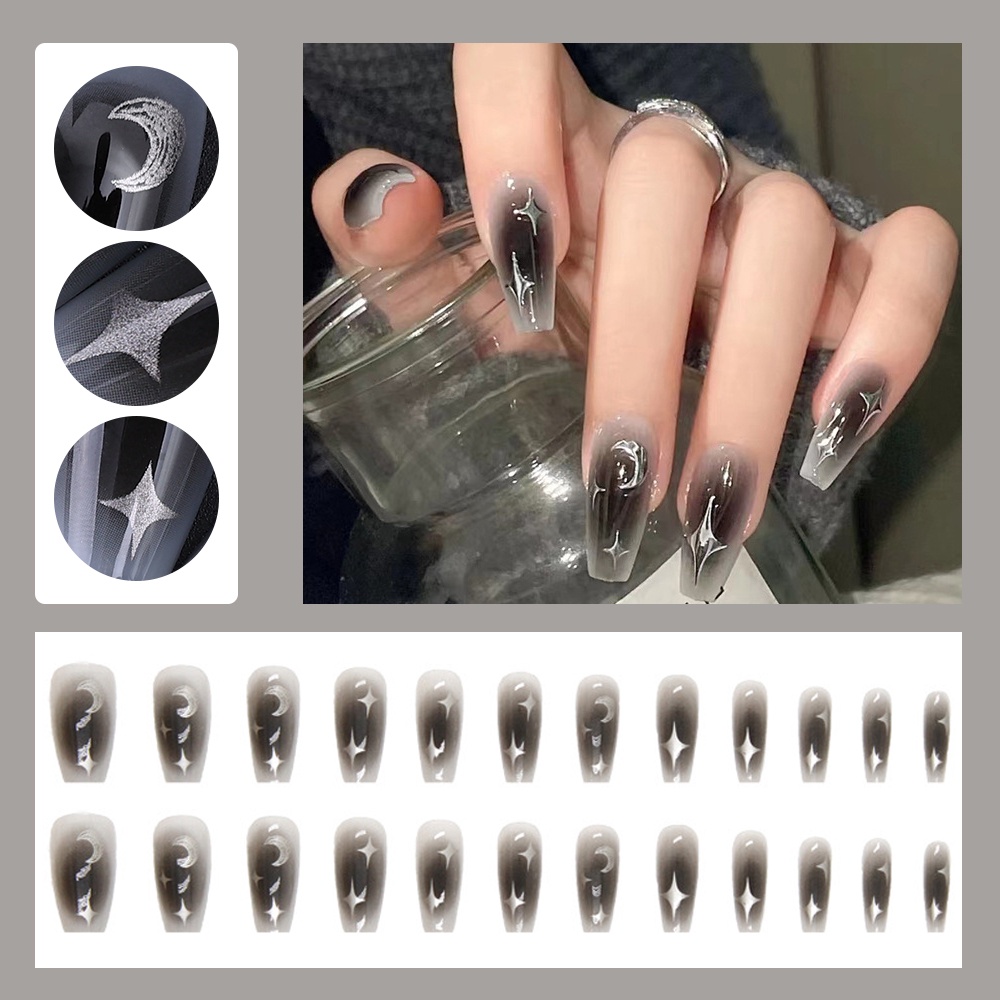 24pcs/kotak Kuku Palsu Gradasi Bulan Bintang/Tempelan Kuku Dapat Dilepas Gaya Panjang Sedang/Ins Style Blush Decoration Nail Art/Dekorasi Stiker Kuku/Alat Makeup Kuku