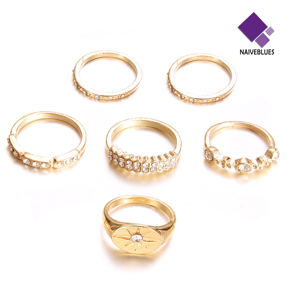 &lt; Naiveblues &gt; 6Pcs/Set Fashion Wanita Matahari Berlian Imitasi Bertatahkan Jari Cincin Perhiasan Pesta