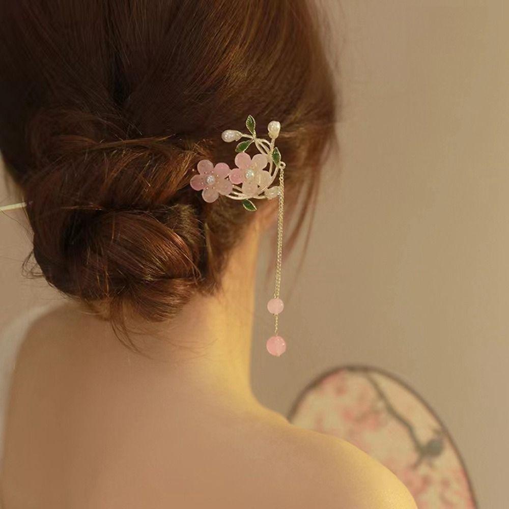 Agustina Hanfu Rambut Stik Wanita Retro Mutiara Bunga Rumbai Gaya Rambut Alat Desain Hiasan Kepala Gaya Cina