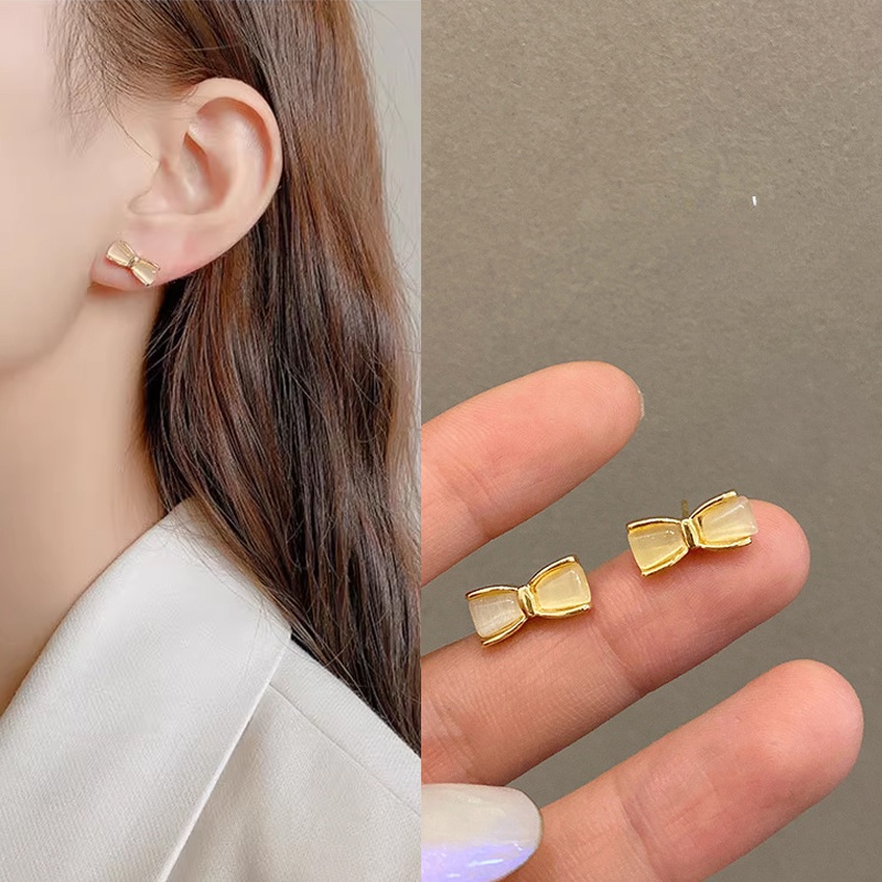 Opal Bow Desain Sederhana Anting Ear Studs Piercing Perhiasan Untuk Wanita Gadis Aksesori