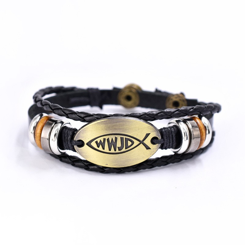 [X C Gelang] Mode Baru WWJD Gelang Kulit Hitam Vintage Hip Hop Punk Gelang Kulit Lengan Manik-Manik Multilayer Zinc Alloy Anyaman Gelang