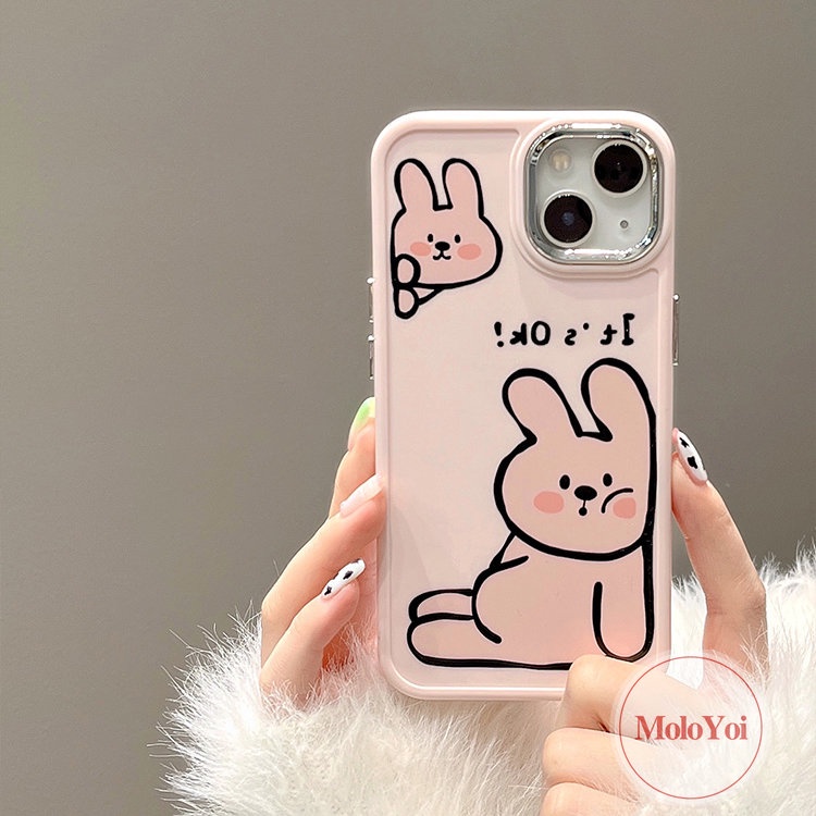 IPHONE Lukisan Cat Minyak Mewah Lucu Anjing Kelinci Ponsel Case Kompatibel Untuk Iphone11 12 13 14 Pro Max7 8 Plus XR X XS MAX Pecinta Lucu Kartun Soft Plating Metal Lensa Frame Pasangan Cover