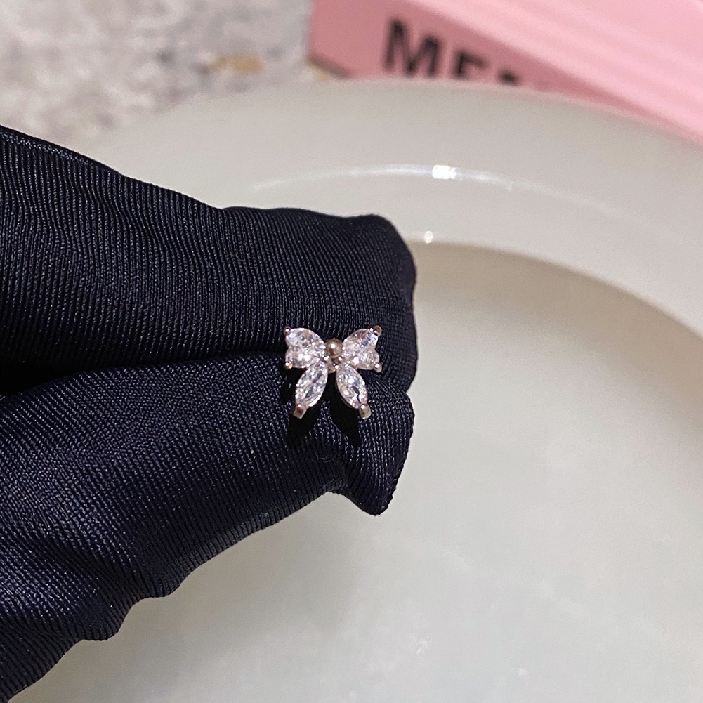 S925 Anting Perak Merah Muda Zirkon Busur Hati Tulang Telinga Stud Wanita Gadis