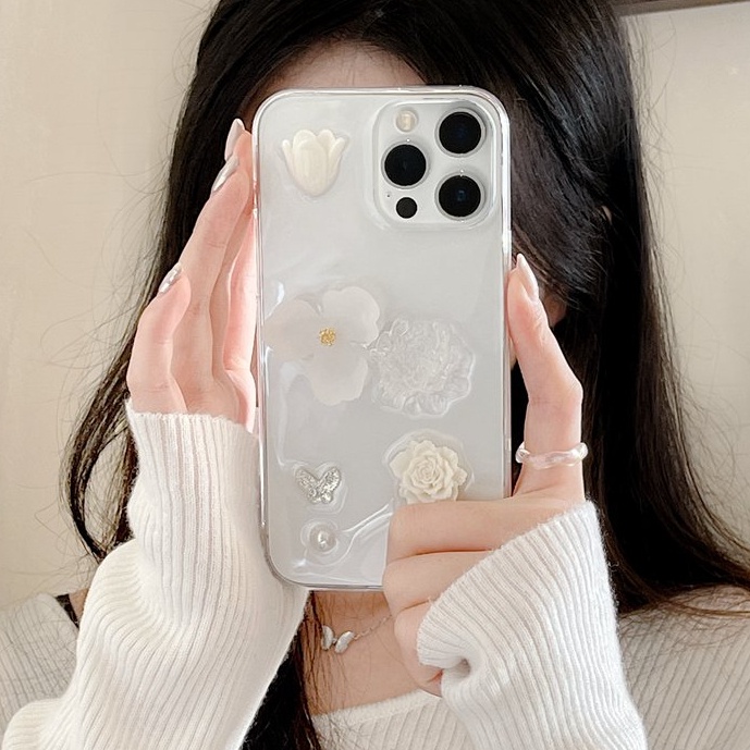 【Crystal resin】3D So Pretty White Tulip Flower Soft Case IPhone 7 8 Plus XR XS Max 11 12 13 14 Pro Max 14 Plus for Women Girl Gift