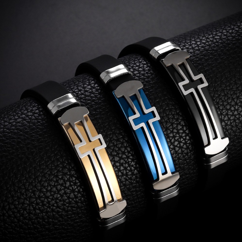 Z H Perhiasan Stainless Steel Salib Silikon Gelang Pria Dan Wanita Fashion Pasangan Gelang Retro Hip Hop Rock Pesta Perhiasan Aksesoris