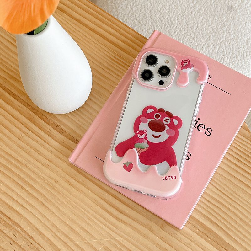 【3D Ice Cream】Strawberry Bear Summer 3D Soft Case IPhone XR XS Max 11 12 13 14 Pro Max 14 Plus for Women Girl Gift Cartoon Lovely Winnie the pooth Bear