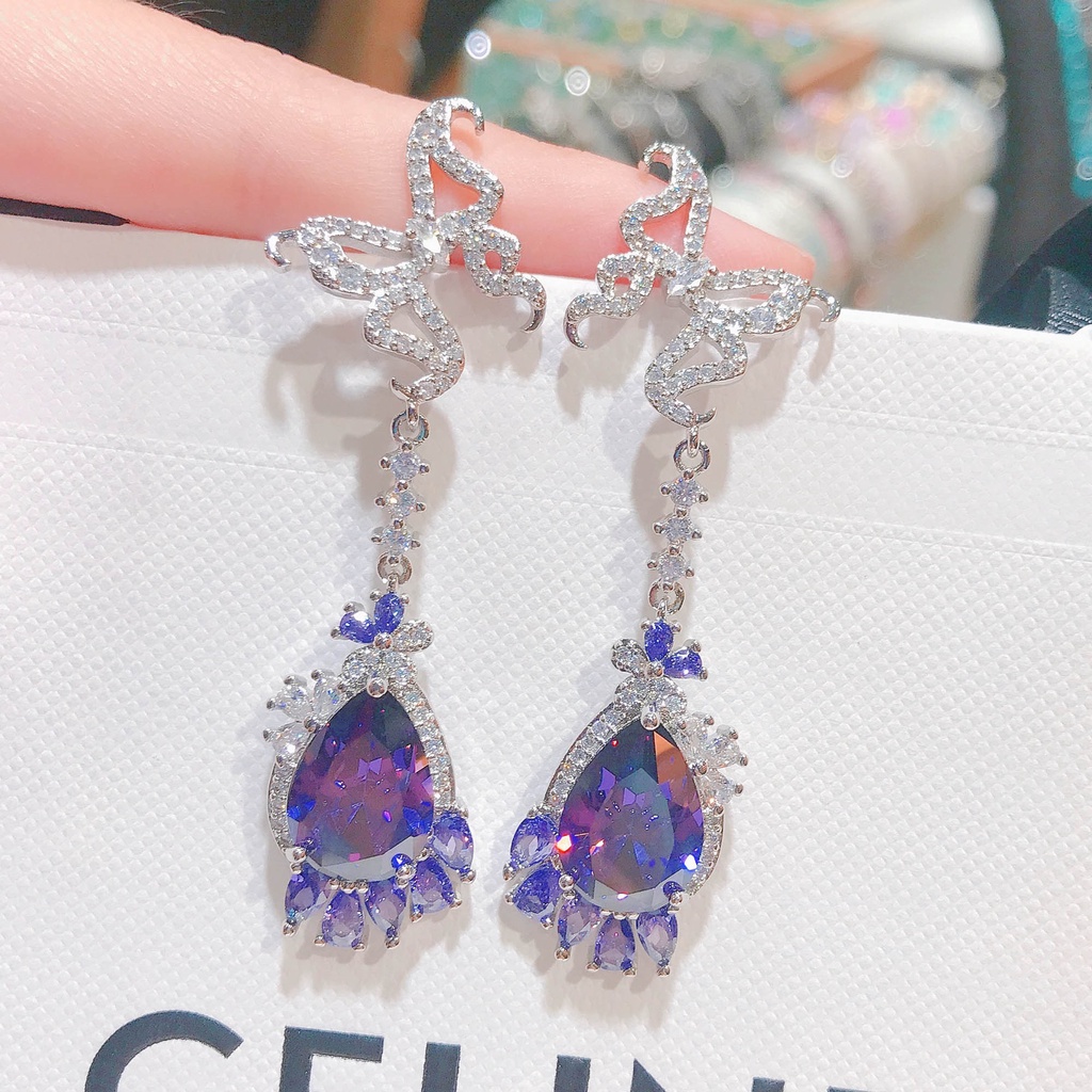 Goldkingdom Fashion Perhiasan Aksesoris Ready Stock Kupu-Kupu Stud Earrings Water Drop Pear Shaped Amethyst Zircon Anting Panjang Wanita