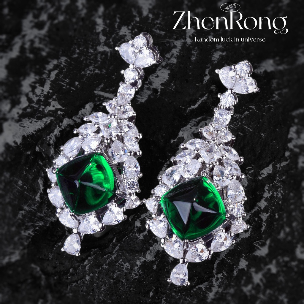 Goldkingdom Fashion Perhiasan Aksesoris Ready Stock Nenek Pertengahan Hijau Berlian Anting Perempuan Penuh Berlian Warna-Warni Harta Panjang Perak Anting-Anting