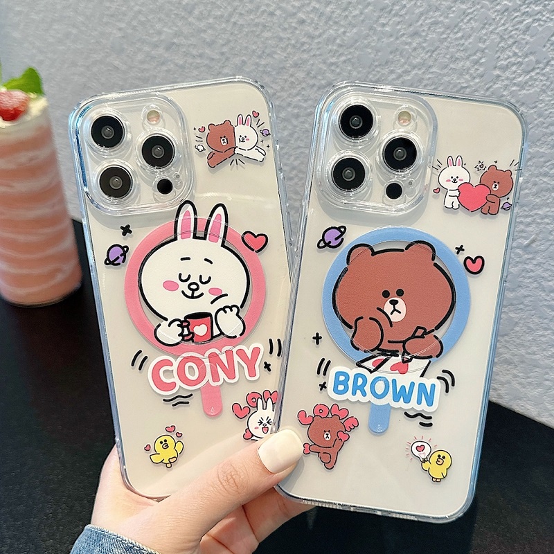 Untuk iPhone Case14 13 12 11 Pro Max Transparan Perlindungan Hisap Magnetik soft Case Kartun Beruang Kelinci Lucu