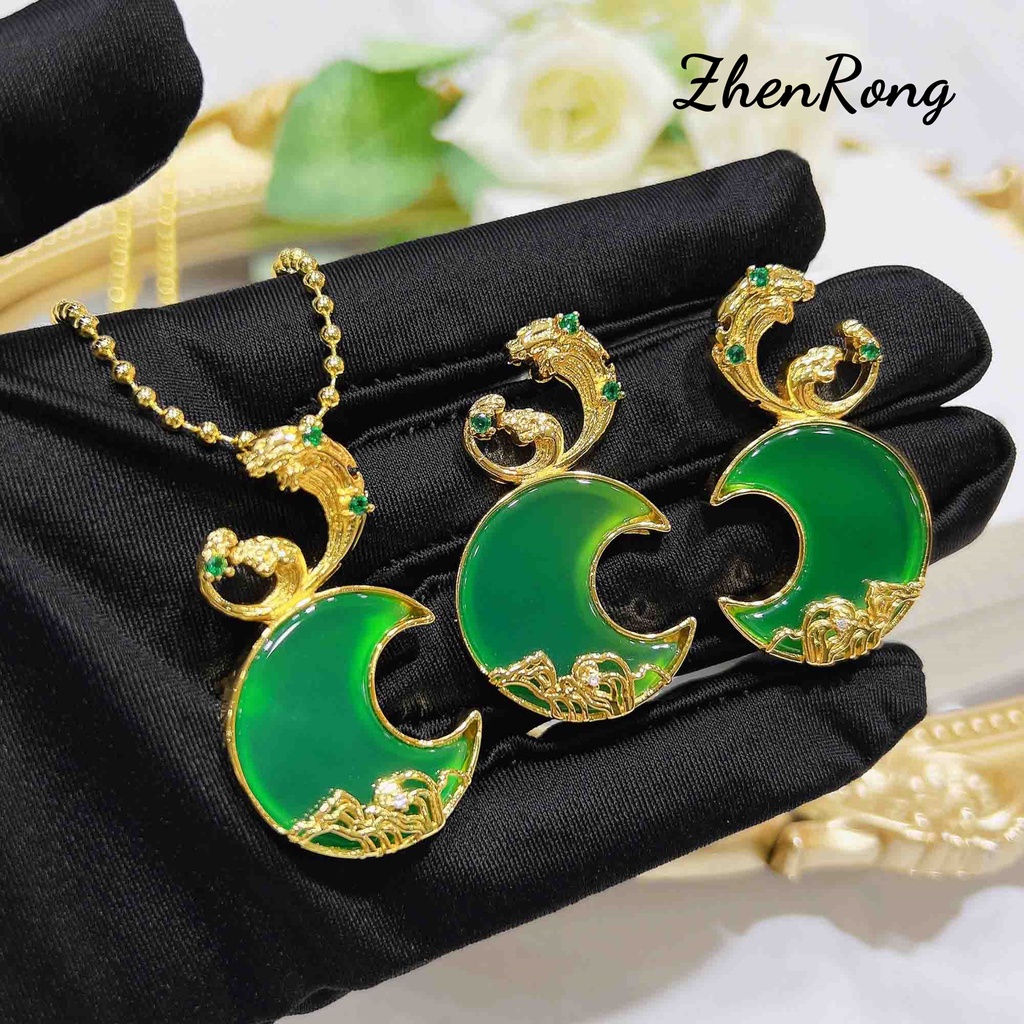 Goldkingdom Fashion Perhiasan Aksesoris Ready Stock Cinta Abadi Giok Kalsedon Kalung Bros Dengan Dua Liontin Batu Akik Giok Bulan Pasang Anting