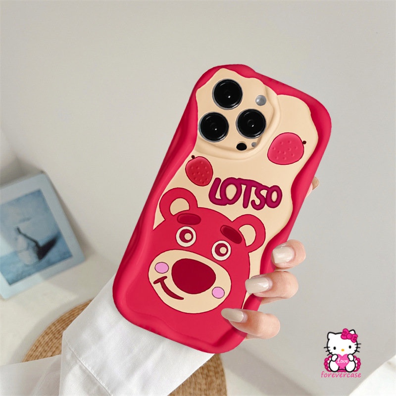 Lovely Strawberry Bear Manyo Case Kompatibel Untuk IPhone XR X XS Max 7Plus 11 14 12 13 Pro Max7 8 6 6s Plus SE 2020 3D Wavy Curved Edge Glossy Cute Winnie The Pooh Tpu Soft Cover