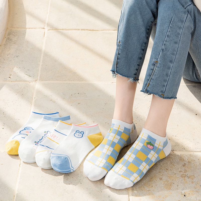 T&amp;Y Kaos Kaki Wanita Bear Putih Biru Kuning 6771 Karakter Rabbit Bear Kaus kaki Pendek Semata Kaki Fashion Motif Kotak Garis  Women Sock Import Cute