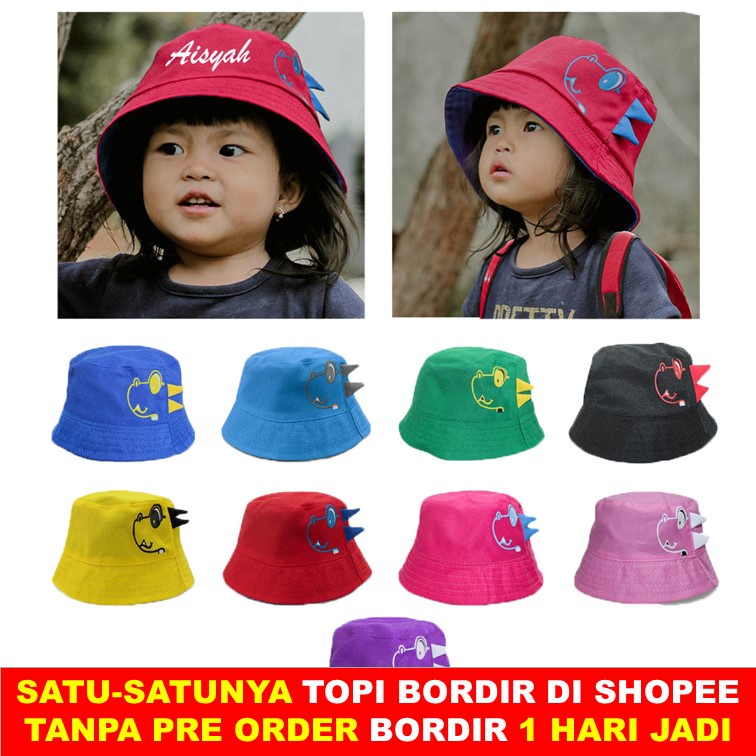 Topi Bucket T-Rex Dino Custom Bordir Nama Anak Dinosaurus