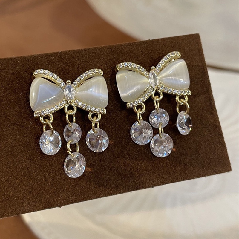 Busur Prancis Berlian Imitasi Rumbai Temperamen Super Peri High-End Niche Earrings