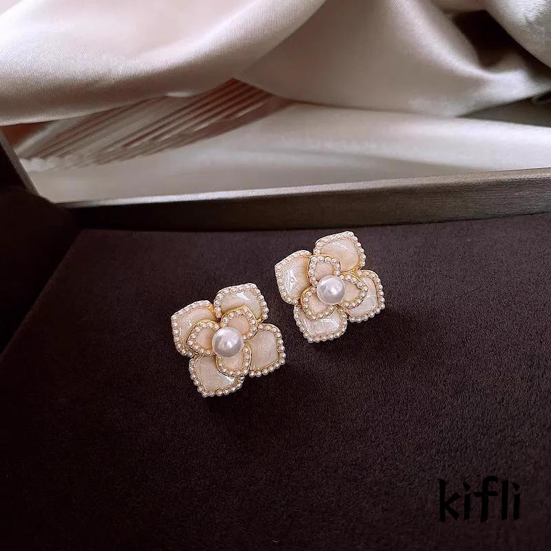 [KD] Anting Vintage Gaya Perancis Mutiara Anting Bunga Camelia Anting Elegan Ringan Mewah