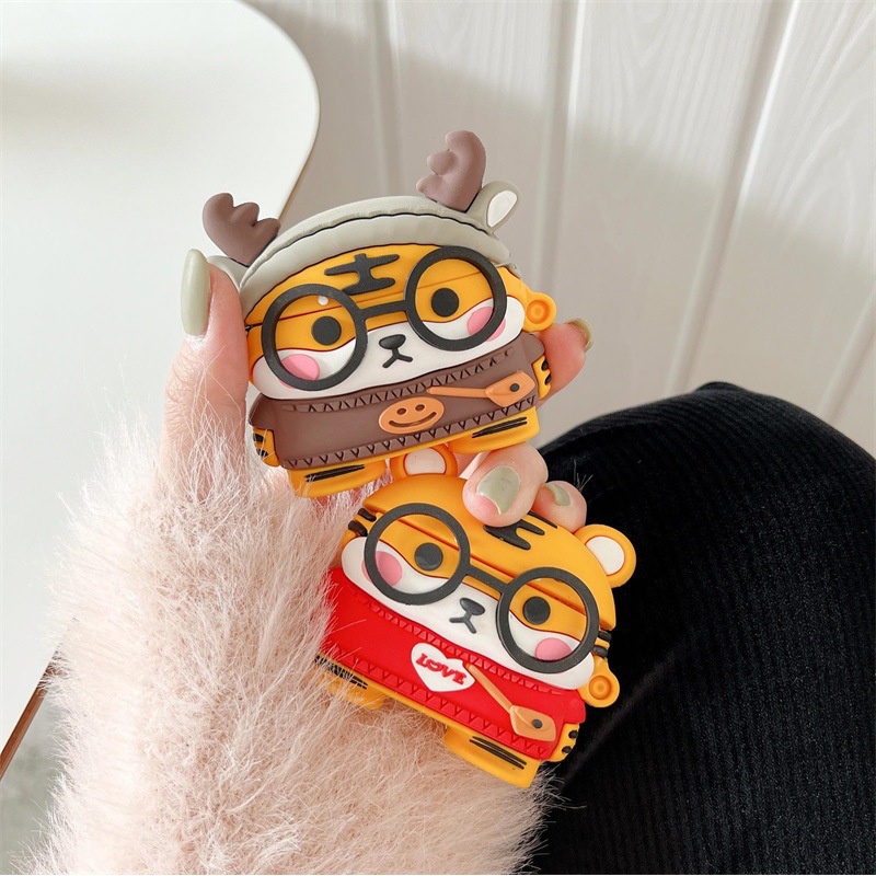 Kacamata Kartun Hewan Lucu 3D Harimau Dengan Tas Selempang Earphone Bluetooth TWS Case Pelindung Shockproof Cover Untuk Airpods 12 3 Pro i12 i10 i11 i9s inpods 12 13 Pro i13 Airpods3