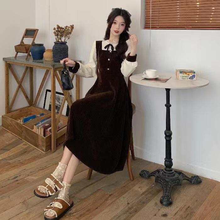 LADYSHOP D281 Corduroy French style slim waist dress