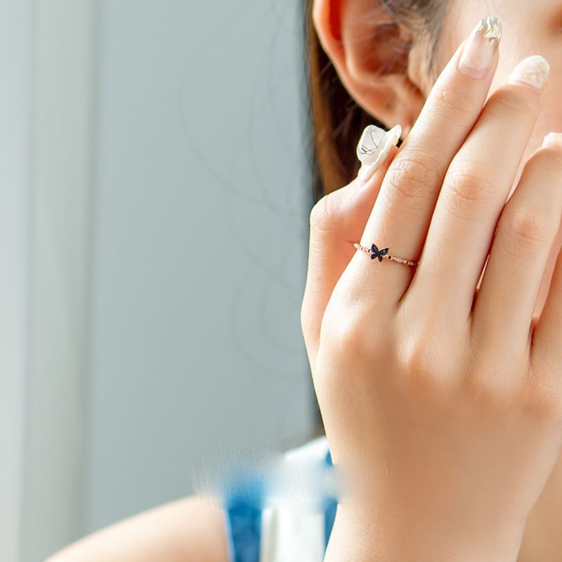 Korea Elegan Wanita Emas Kupu-Kupu Biru Zirkon Kristal Baja Titanium Kawin Rings Aksesoris Fashion