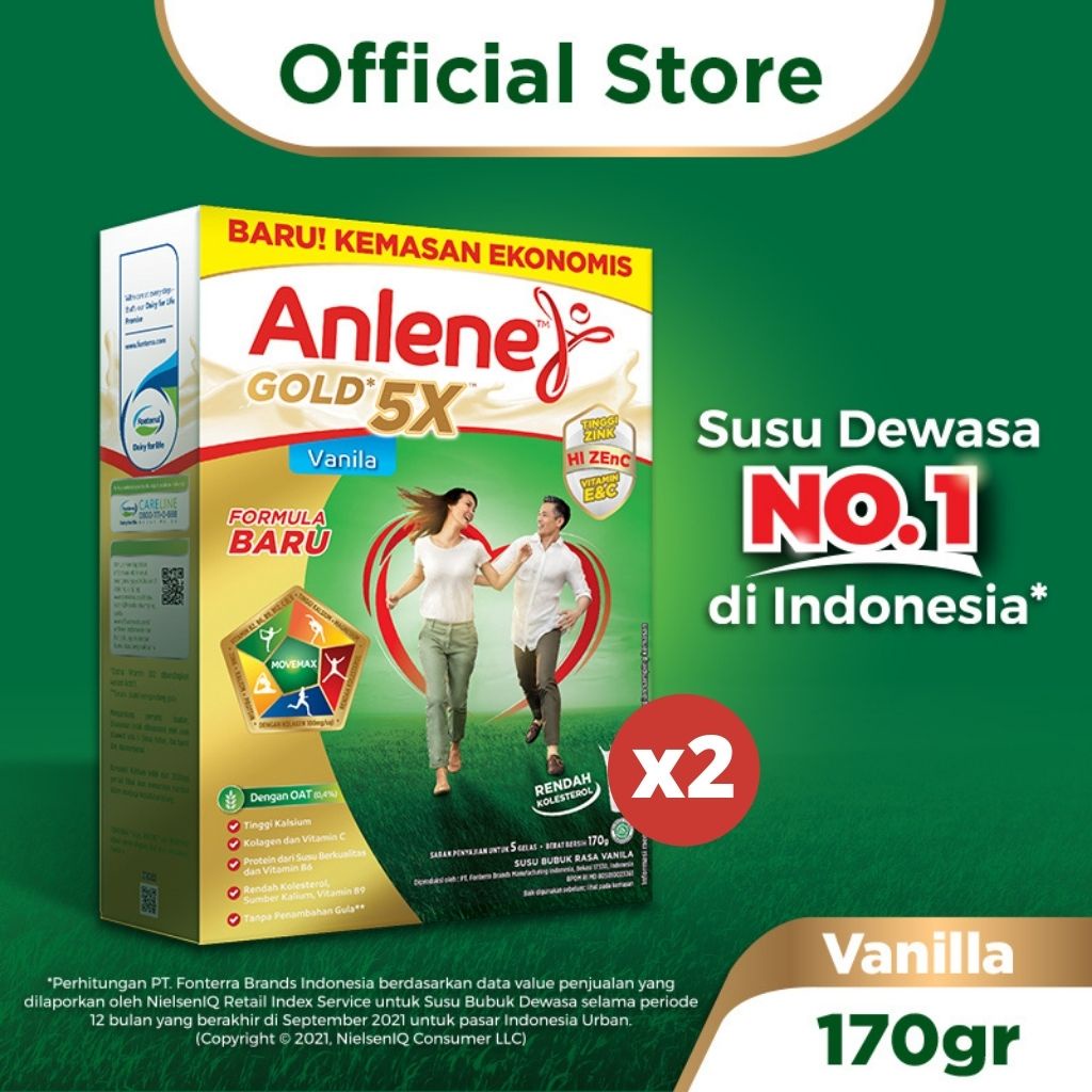 Anlene Gold 5X Susu Bubuk Dewasa Vanila 2 x 170g - Nutrisi Tinggi Kalsium Untuk Tulang, Sendi, dan Otot