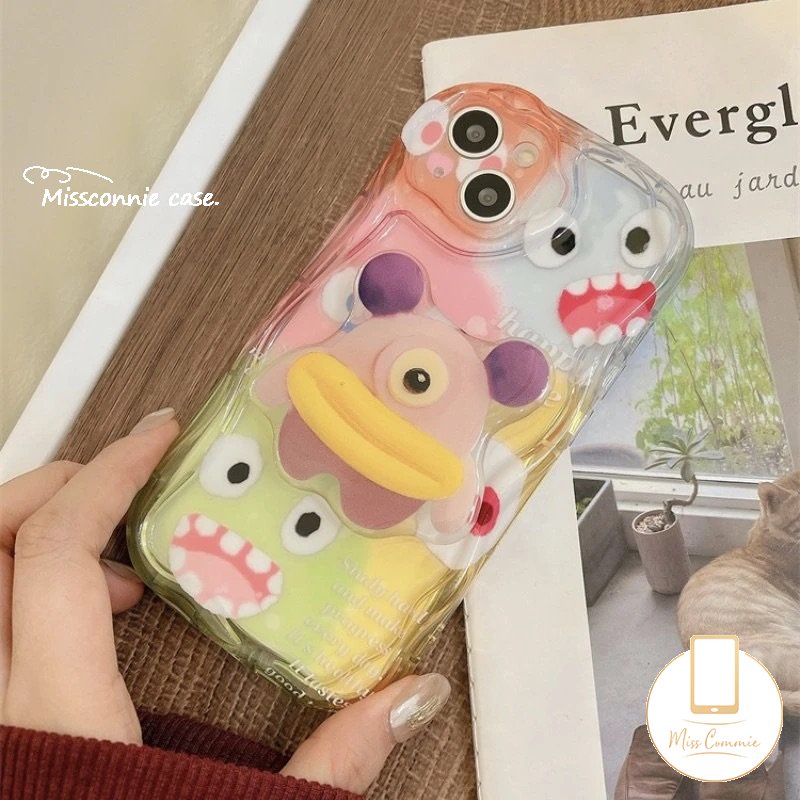Untuk Realme C35 C55 C25Y C11 C25 C20 7i 5i 6i 9i 5 5s C53 C21Y C31 C25s C17 C20A C33 C12 C3 C30 C15 C21 Lembut Kartun Cute Little Monster Phone Stand Bracket 3D Wavy Curved Edge Case