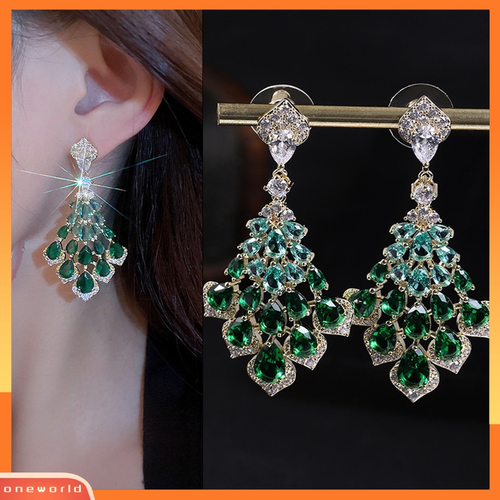 [ONE] 1pasang Drop Earrings Faux Green Kristal Bulu Bentuk Elegan Vintage Hadiah Cantik Nonallergic Berlian Imitasi Bertatahkan Menjuntai Anting-Anting Perhiasan Fashion