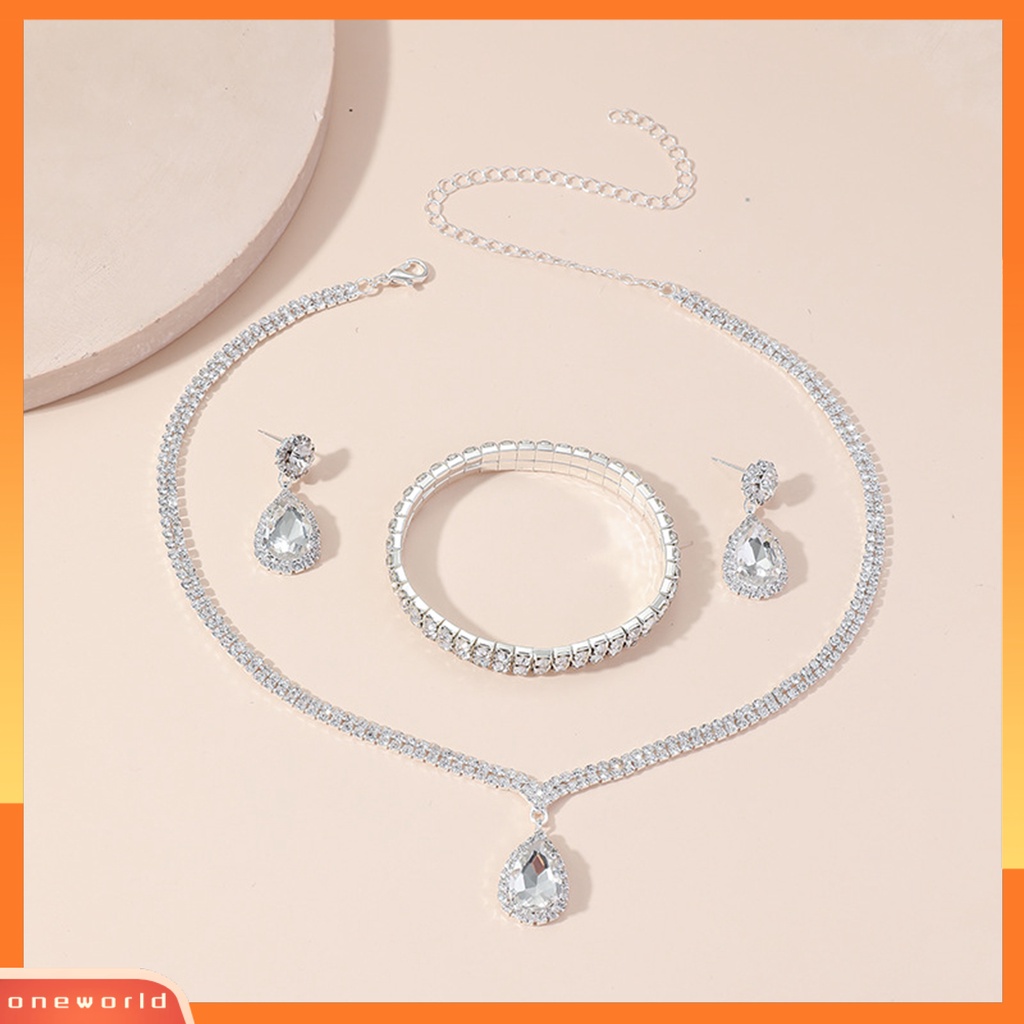 [ONE] 1set Wanita Kalung Tetesan Air Liontin Elegan Temperamen Mewah Berkilau Berlian Imitasi Menjuntai Anting Bangle Kit Perhiasan Pengantin