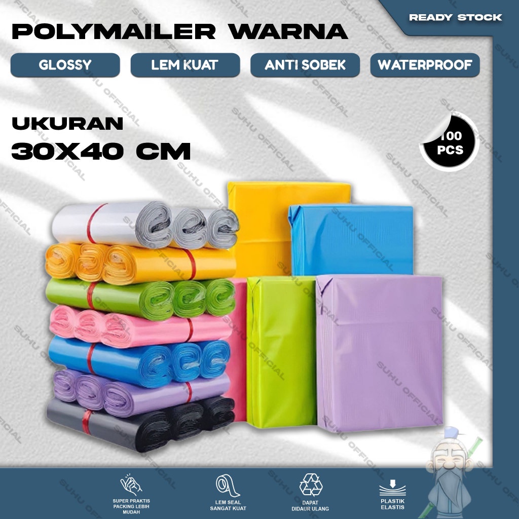 Plastik Packing Baju Kantong POLYMAILER Olshop isi 100 Lembar Glossy Grade A &amp; B Warna Warni Ukuran 30X40