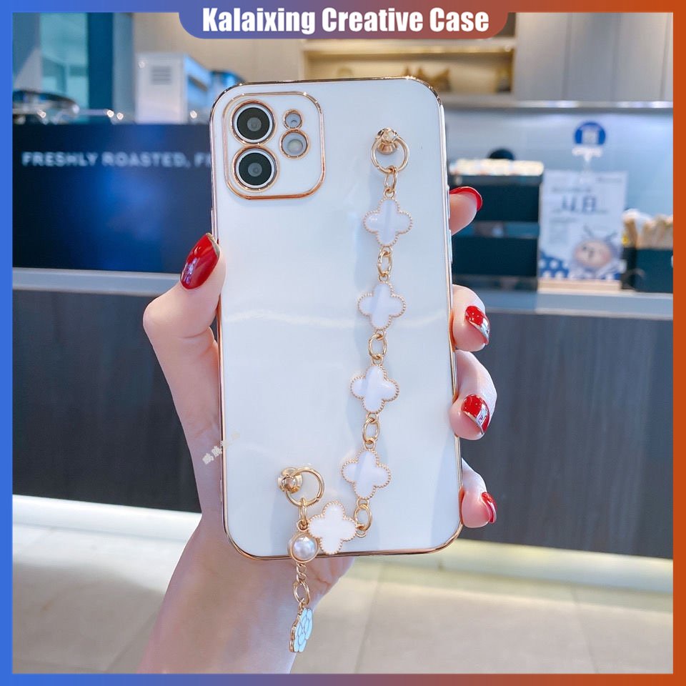 IPHONE Gelang Logam Clover Lapis Mewah Casing Rantai Ponsel Untuk Iphone12 13 MiNi 11 ProMax XR XS X7 8 Plus Soft Case