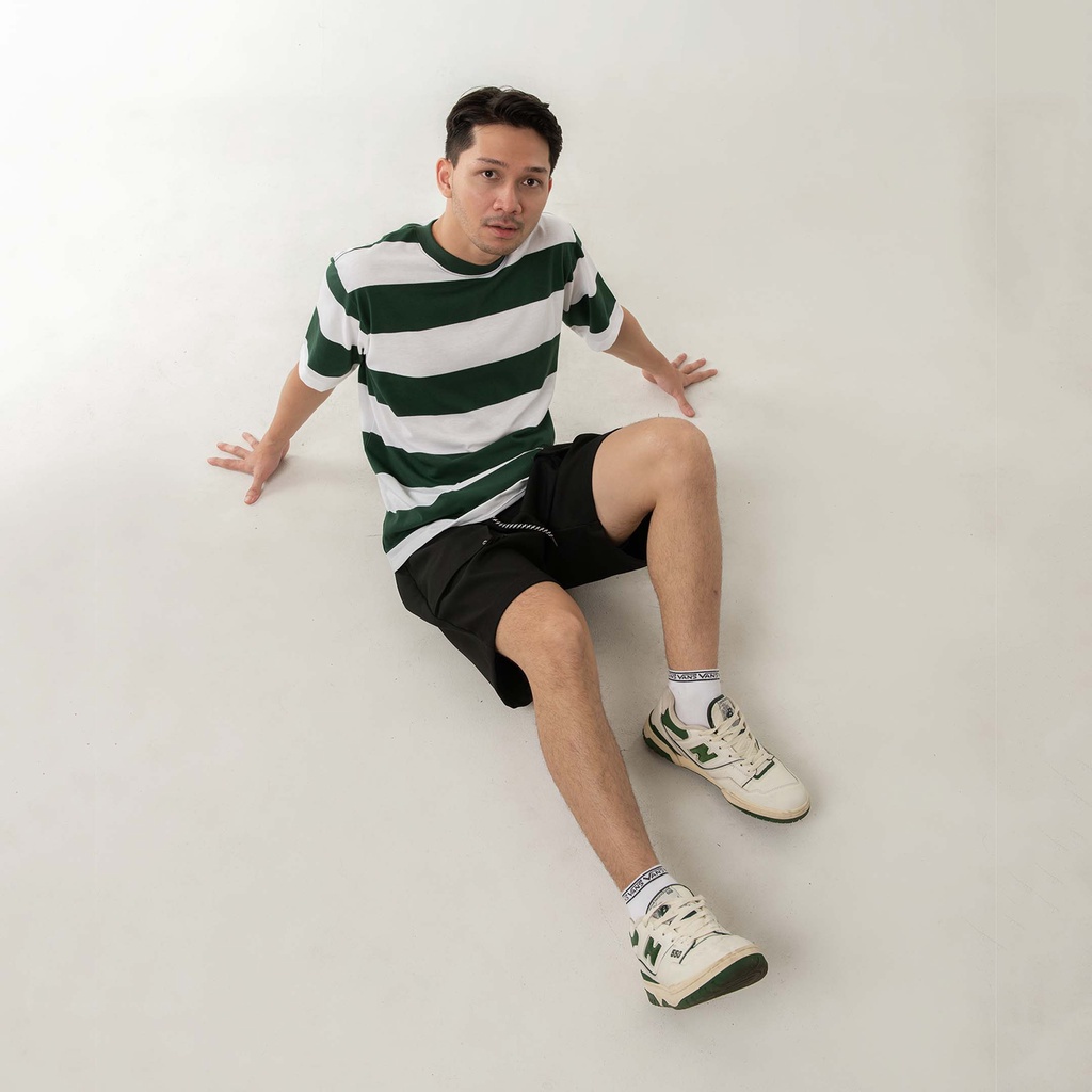 Kaos Polos Pria Garis WOODCUTTER White Green - Putih Hijau Oversize SS T-shirt Lengan Pendek