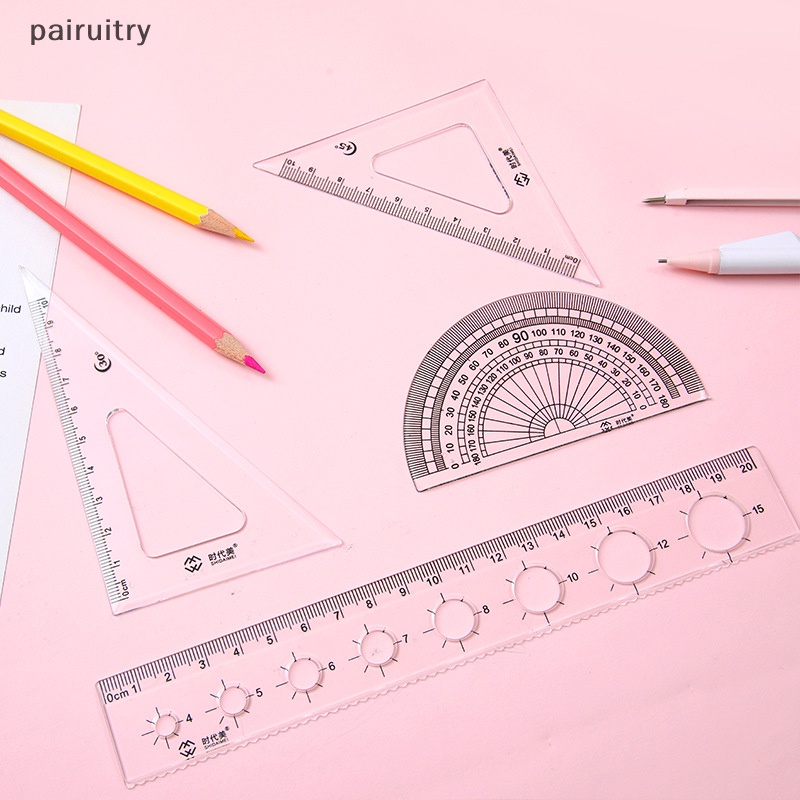 Prt 1Set Random Kartun Set Penggaris Matematika Gambar Kompas Alat Tulis Penggaris Set Isi Empat Papan Segitiga Untuk Perlengkapan Siswa Sekolah PRT