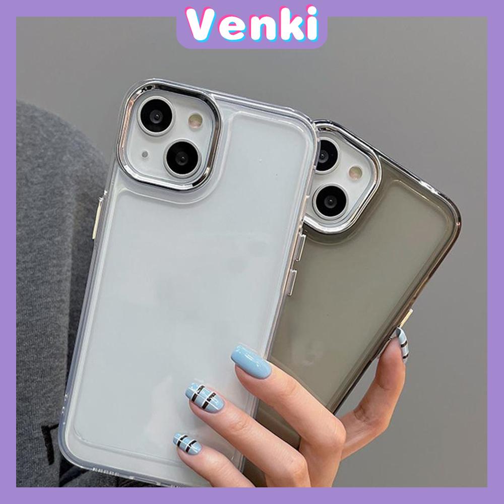 VENKI - Untuk iPhone Case Mewah Plating Lensa Tombol Cincin Bening Case Soft TPU Shockproof Sederhana Hitam Kompatibel dengan iPhone 14 Pro Max 13 Pro max 12 Pro Max 11 xr xs max 7Plus 8Plus