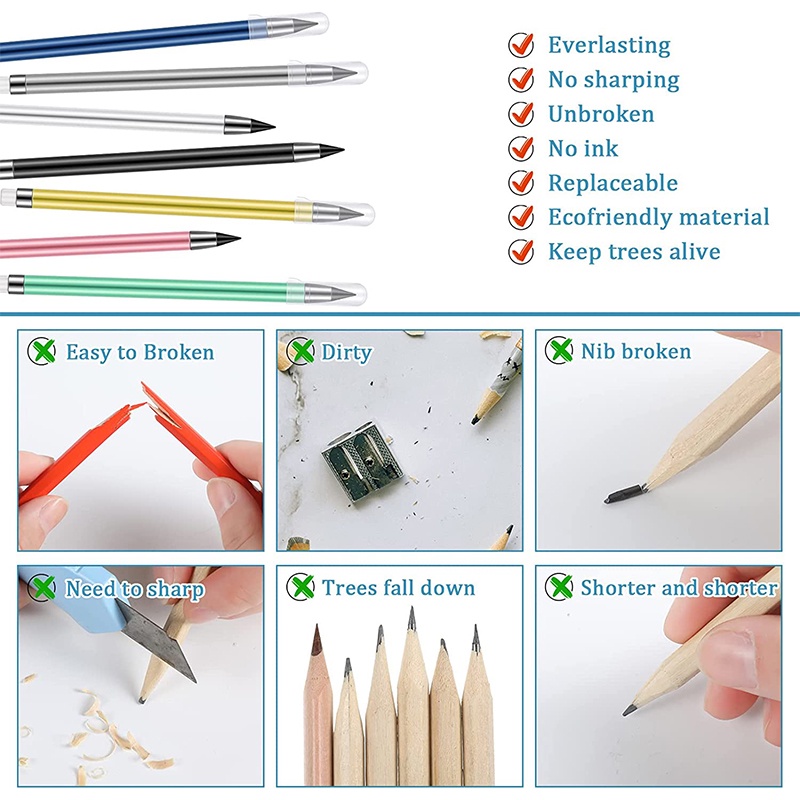 Tahan Aus Pensil Tanpa Tinta Tak Terhingga/ Pensil Metalik Tanpa Tinta Everlasting/ Portable Replaceable Pen Perlengkapan Alat Tulis