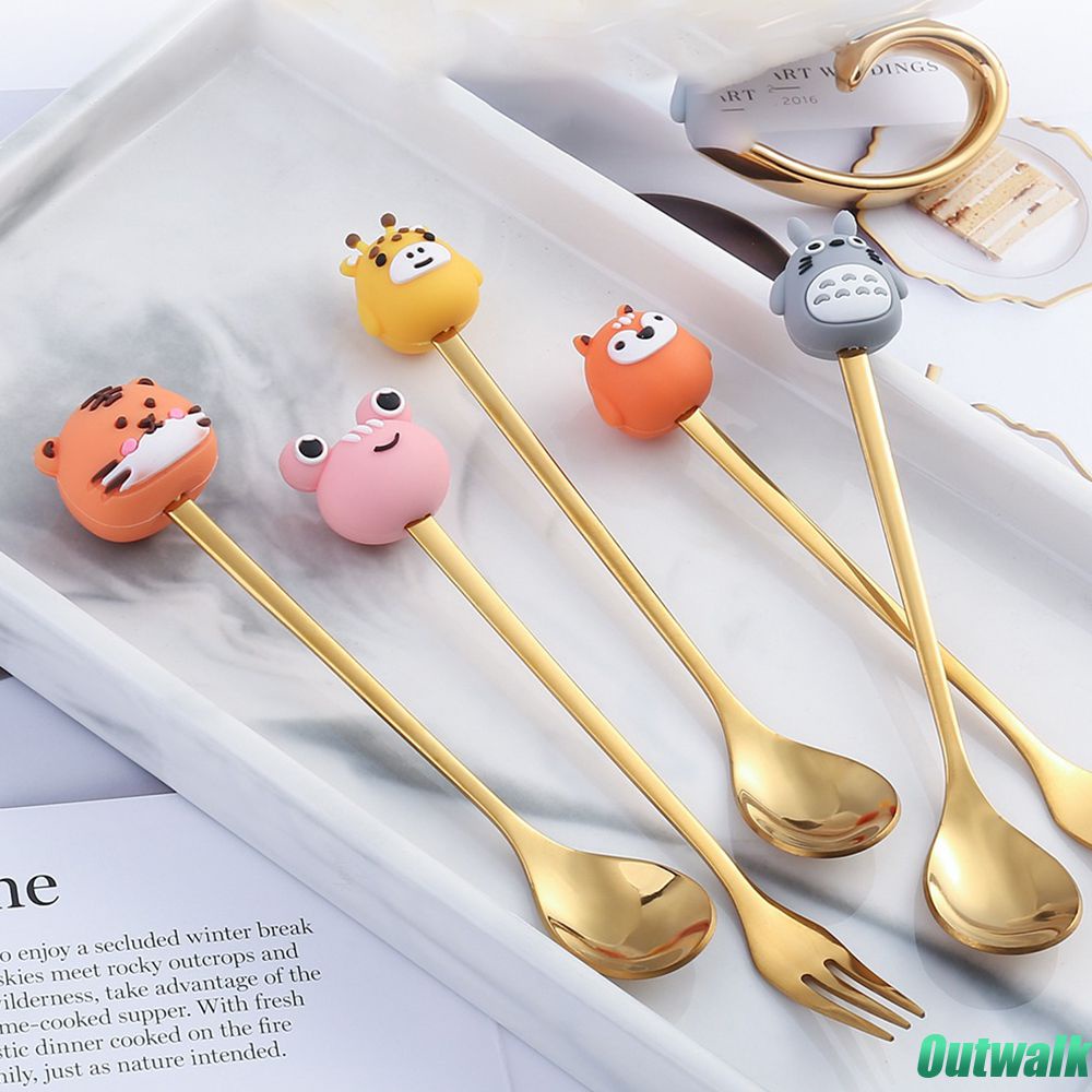 Forks Lucu Boneka Anak-anak Sendok Baja Nirkarat Mengaduk Sendok Garpu Kartun Makanan Penutup Buah Hewan Sendok Kreatif Alat Makan Kopi Es Krim Alat Makan Hadiah